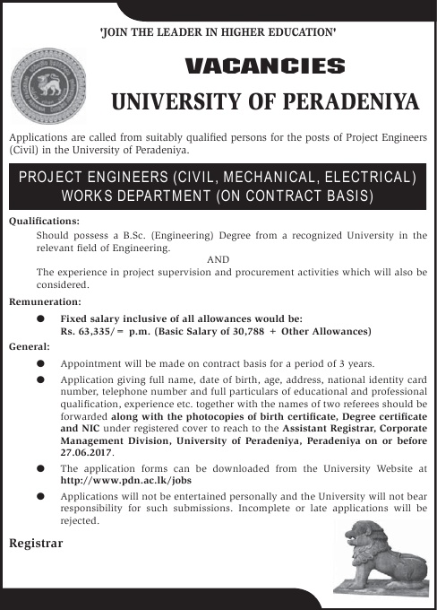 Project Engineer (Civil, Mechanical, Electrical) - University of Peradeniya